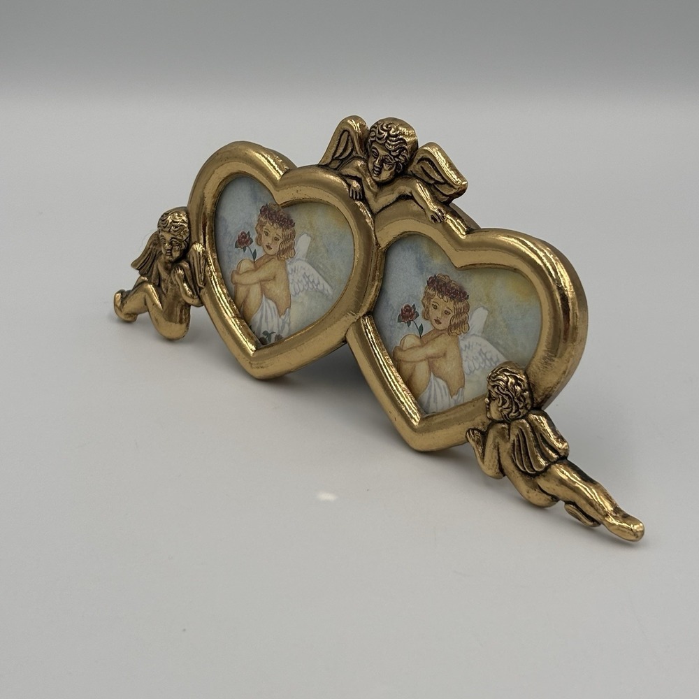 Vintage Brass Angels Trio Twin Heart Picture Frame Cherub Photo Holder Barouque - Picture 8 of 13